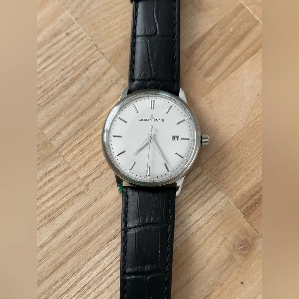 Jacques Lemans New Luxury Men’s Watch Large White Dial Stainless Case Leather